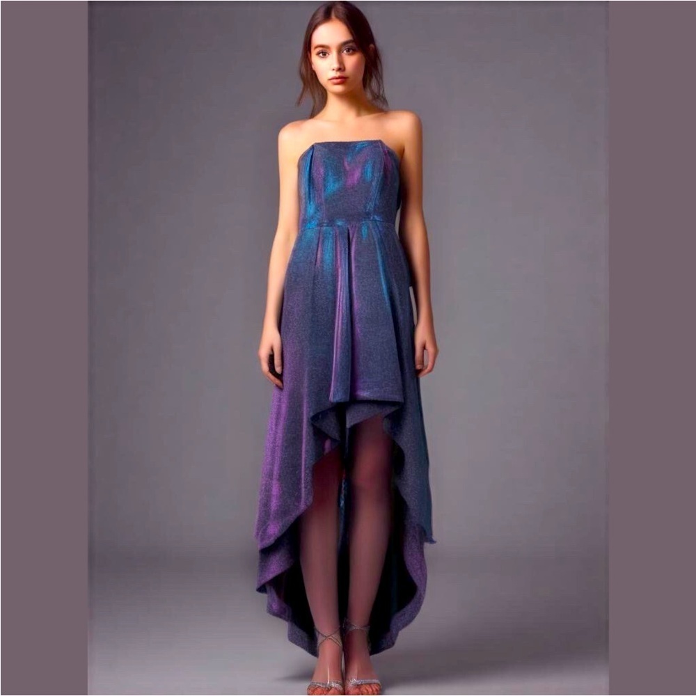 NWT Speechless Formal High-Low Shimmery Magenta, Teal Strapless Halter Gown, 9
